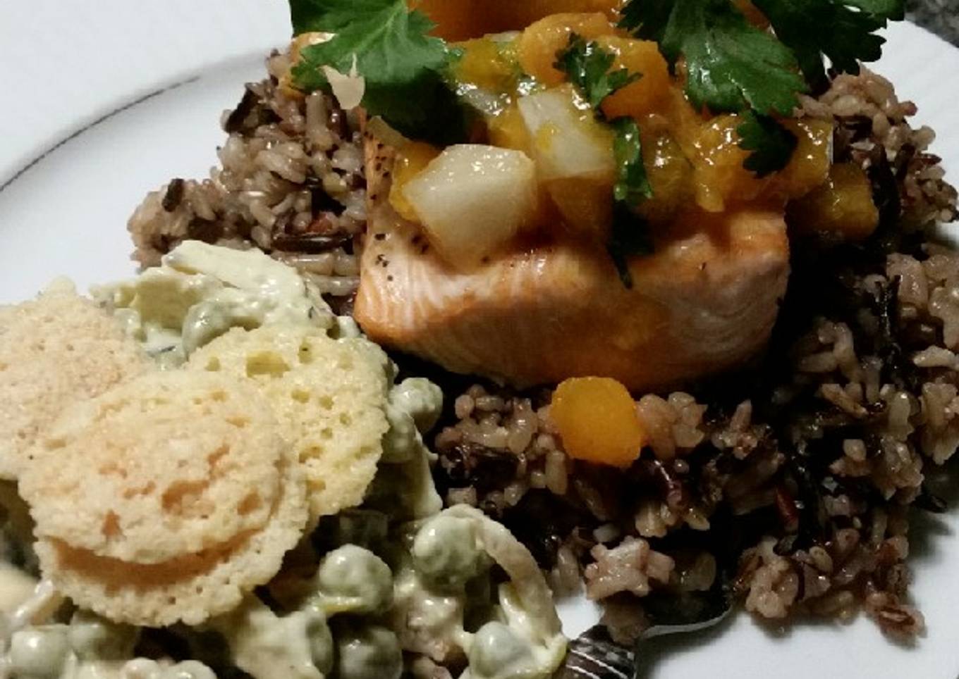 Brad's salmon w/ apricot Pico & chunky Bleu cheese pea salad