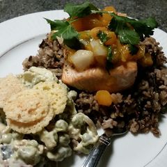 Brad's salmon w/ apricot Pico & chunky Bleu cheese pea salad A picture of Brad's salmon w/ apricot Pico & chunky Bleu cheese pea salad.
