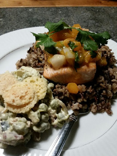 A picture of Brad's salmon w/ apricot Pico & chunky Bleu cheese pea salad.