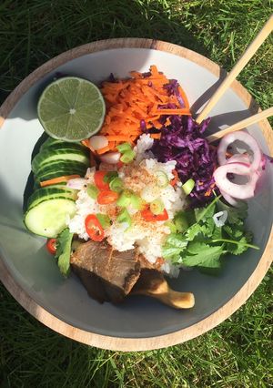 A picture of Miso mushroom vegan poke bowl #eattherainbow.