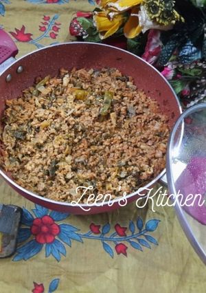 A picture of Keema Ambada or Lamb Mince with Red Sorrel Leaves.