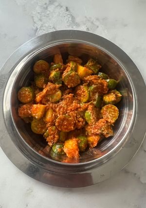 A picture of Fresh Ivy Gourd Mango Pickle-Tindora Keri nu Athanu(Gujarati style)😋.