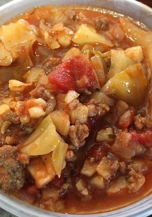 A picture of NSNG crockpot unstuffed cabbage rolls (pigs in the blanket).