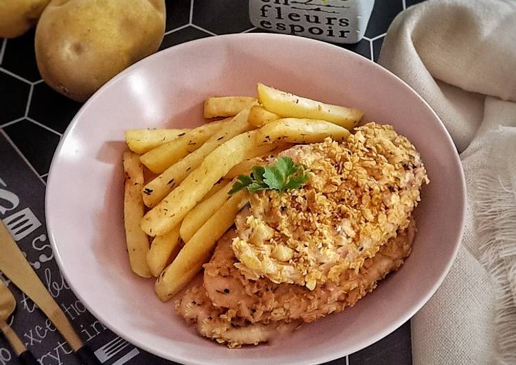 Bagaimana Menyiapkan Baked Chicken Cornflakes with baked potato🥔, Enak Banget