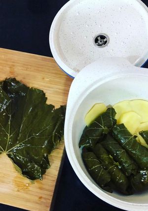 A picture of Warak enab (vegetarian option).