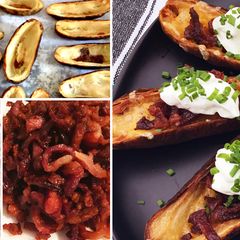 Fullblood Wagyu Beef Bacon Crispy Potato Skins A picture of Fullblood Wagyu Beef Bacon Crispy Potato Skins.