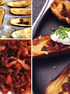A picture of Fullblood Wagyu Beef Bacon Crispy Potato Skins.