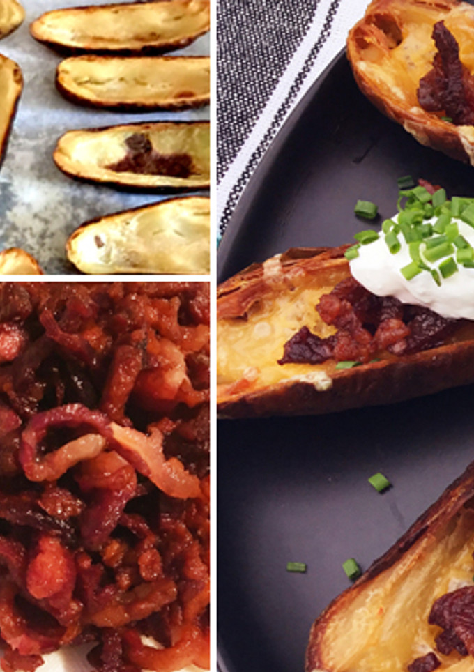 A picture of Fullblood Wagyu Beef Bacon Crispy Potato Skins.