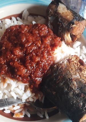 A picture of Rice stew and fried fish.