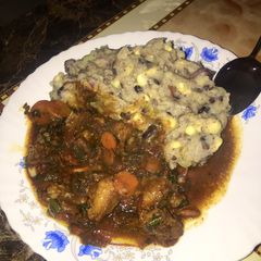 A picture of Lunch/Dinner: Mukimo served with wet fry beef.