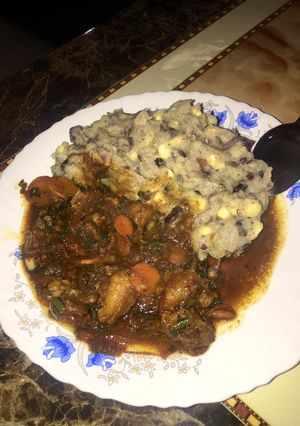 A picture of Lunch/Dinner: Mukimo served with wet fry beef.