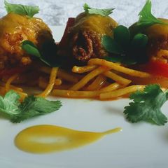 A picture of Plantain Kebabs with spaghetti ponzu.