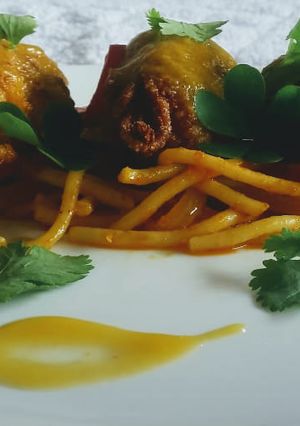 A picture of Plantain Kebabs with spaghetti ponzu.