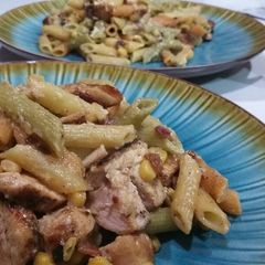 A picture of Chicken carbonara penne pasta.