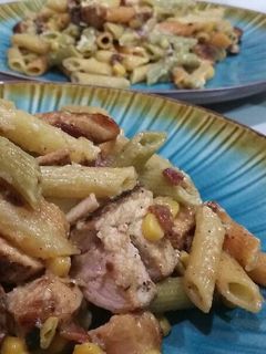A picture of Chicken carbonara penne pasta.