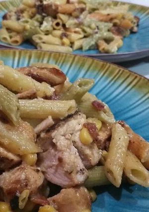 A picture of Chicken carbonara penne pasta.