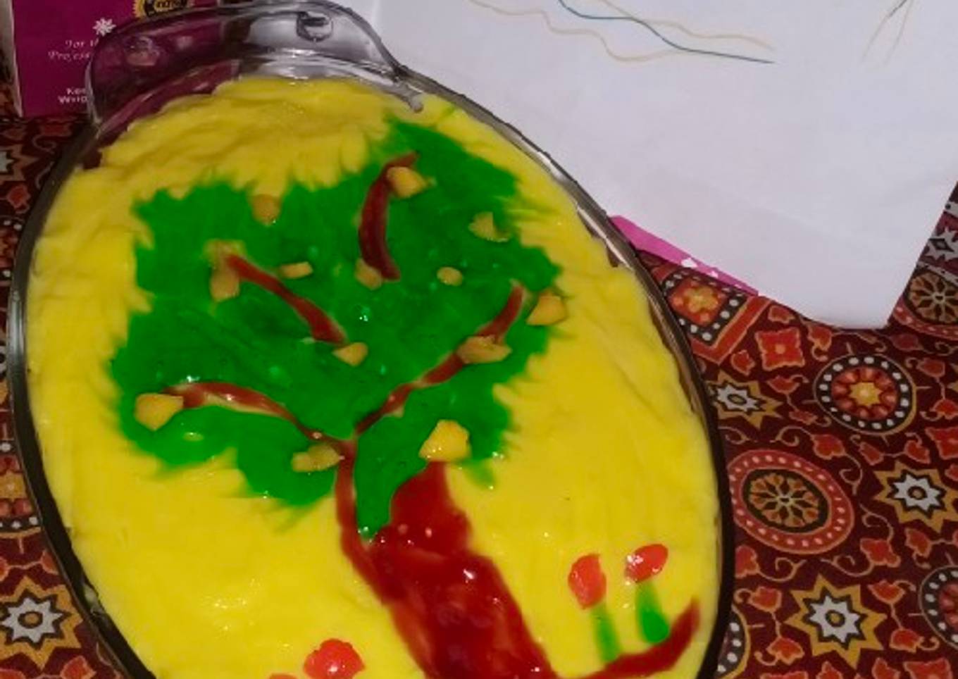 Mango custard cake with green mango tree