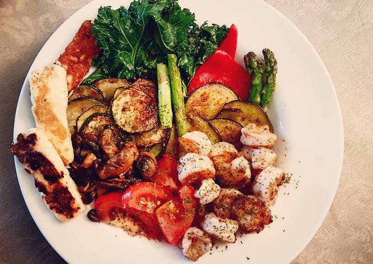 Verduras y gambas al grill