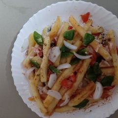 A picture of French fries salad.