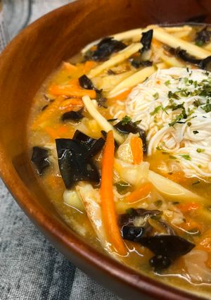 A picture of Peanut Butter Hot and Sour Tofu Noodle Soup.