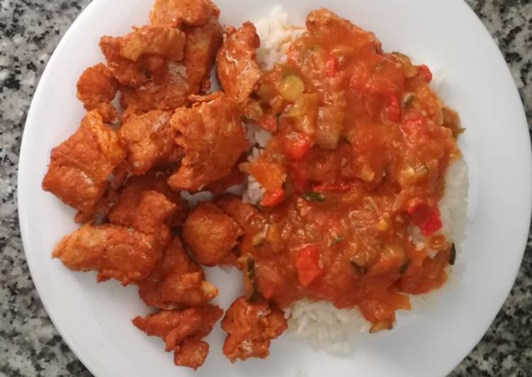Pisto con arroz blanco y carne de cerdo en Thermomix