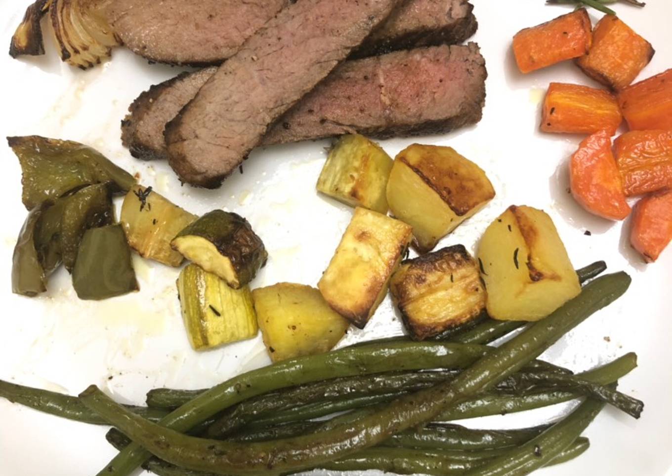 Ladies rump steak with roasted vegetables