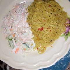 A picture of Jallop spaghetti and coleslaw.