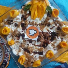 A picture of Mango tres leche cake.
