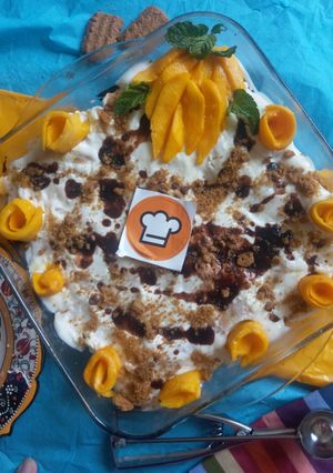 A picture of Mango tres leche cake.