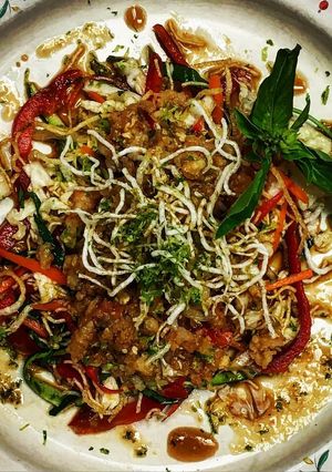 A picture of Thai Salad with Shrimp and Fried Rice Noodles.