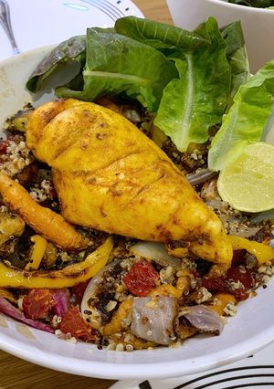 A picture of Quinoa Salad with Roasted Vegetables and Chicken Breast.