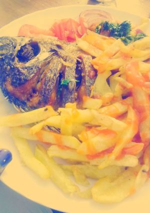 A picture of Deep fried Whole fish with chips#Endofyearchallenge.