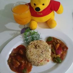 A picture of Fried rice with shashlik.