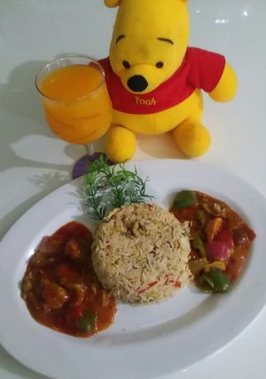 A picture of Fried rice with shashlik.
