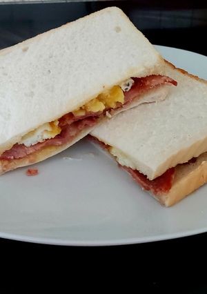 A picture of My Simple Bacon + Egg Sandwich #2Flavours #Breakfast.