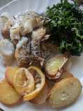 Lemony whole fish baked with potatoes + Jerusalem artichokes