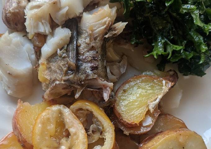 Lemony whole fish baked with potatoes + Jerusalem artichokes