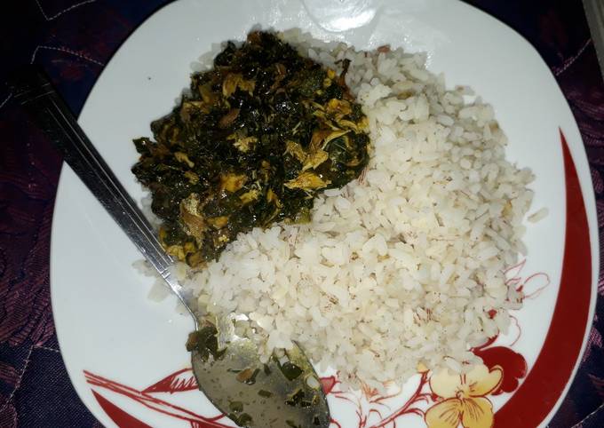 Ofada rice with vegetable soup