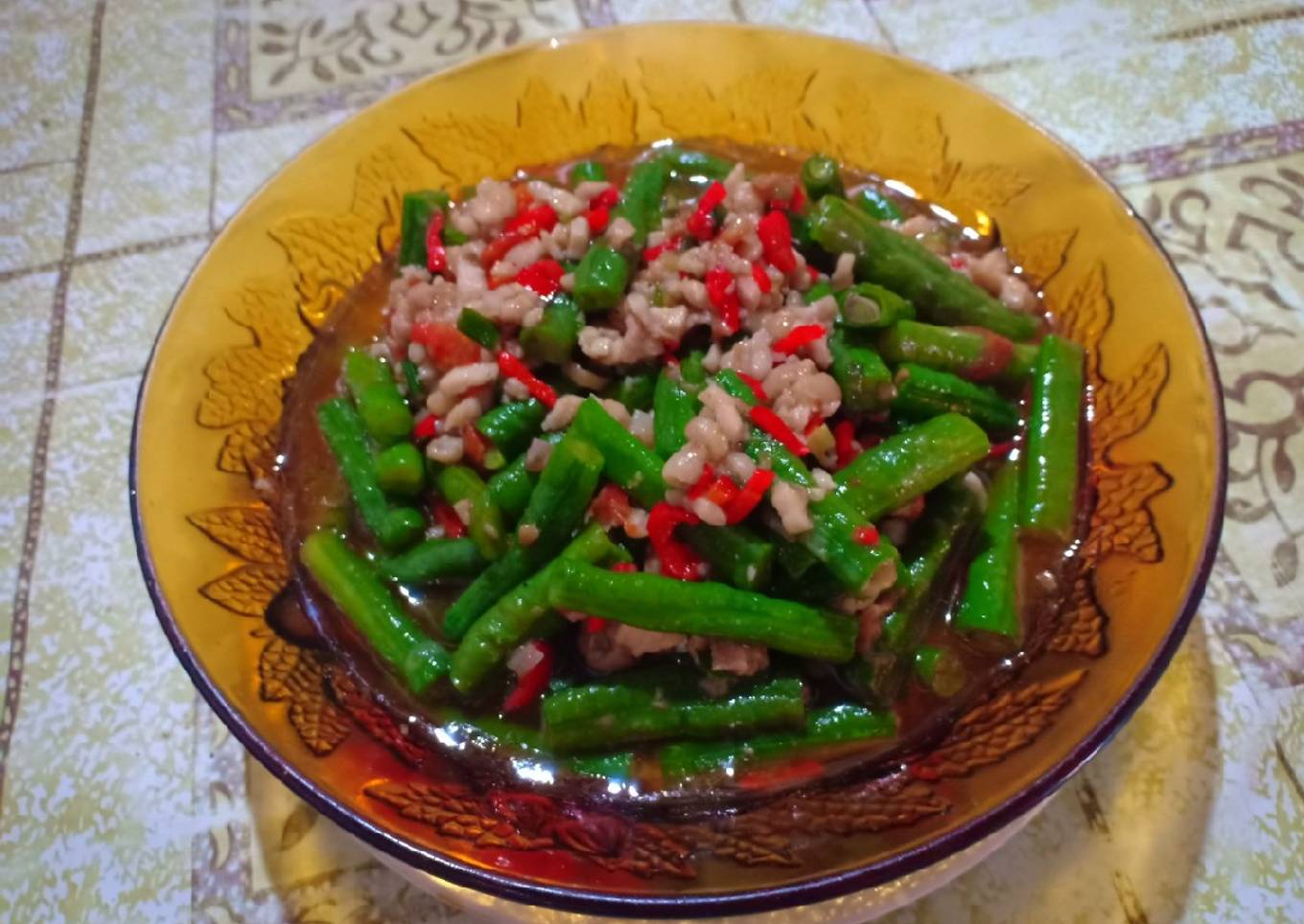 Tumis Kacang panjang Ayam cincang