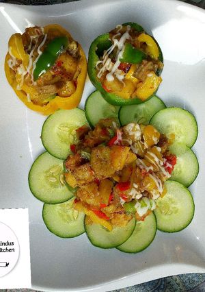 A picture of Meaty plantain stuffed bell pepper.