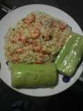Arroz con camarones al ajillo y yuca con salsa de tartara