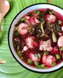 Canh Rau Dền Đỏ Nấu Tôm Thả Viên