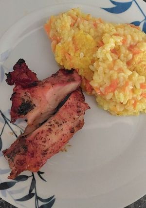 O poză a rețetei Carne de porc la cuptor cu sos de soia + garnitură de pilaf.