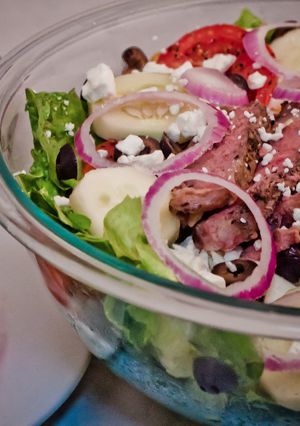 A picture of Greek Bison Steak Salad.