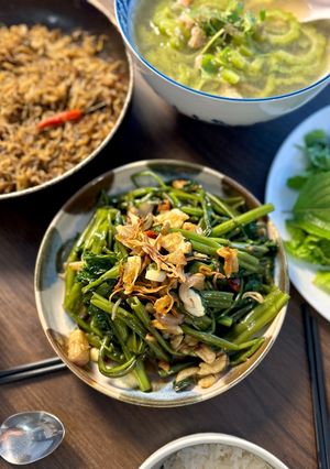 A picture of Stir-Fried Water Spinach w/ Fermented Shrimp Paste | Rau Muống Xào Tỏi Mắm Tôm.