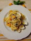 Linguine with Clams and Yellow Tomato Cream, Topped with Dried Basil