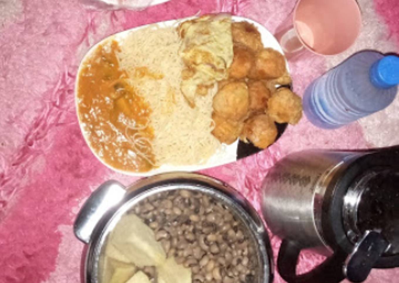 Yam balls,Spaghetti,Fried, egg, White soup,Boiled beans and Yam