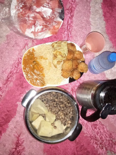 A picture of Yam balls,Spaghetti,Fried, egg, White soup,Boiled beans and Yam.