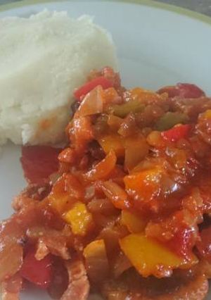 Lecsós karajszelet krumplipürével recept fotója