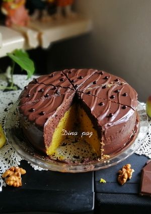 عکسی از دستور کیک دورنگ با گاناش شکلاتی